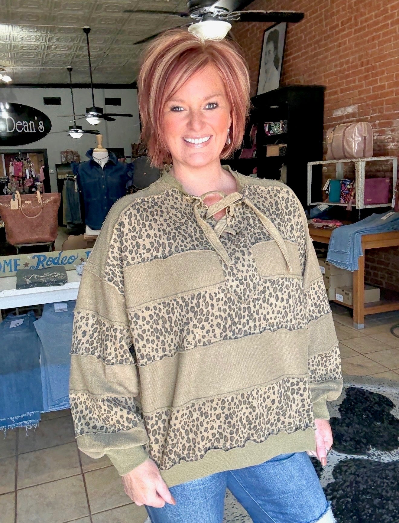 Mixed Mineral Washed Terry Knit Top (Olive Animal Print)