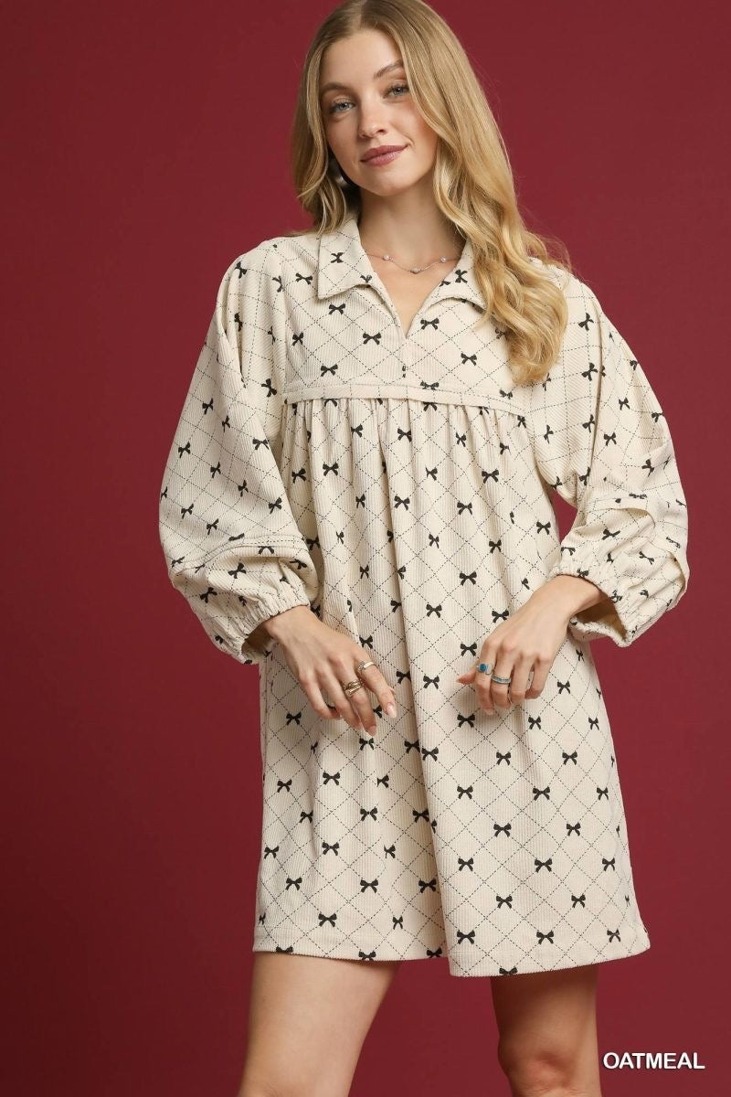 umgee dresses Umgee Oatmeal bow print Dress