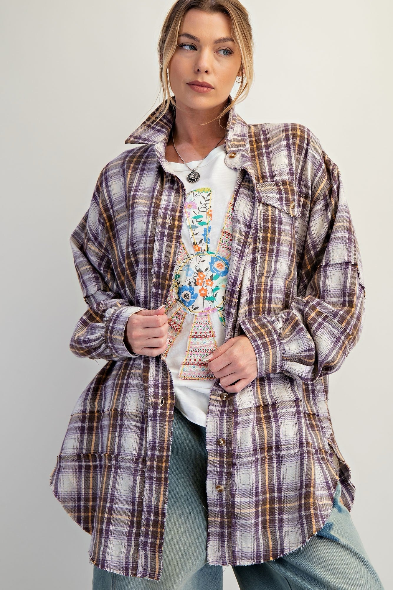 WASHED BUTTON DOWN FLANNEL TUNIC