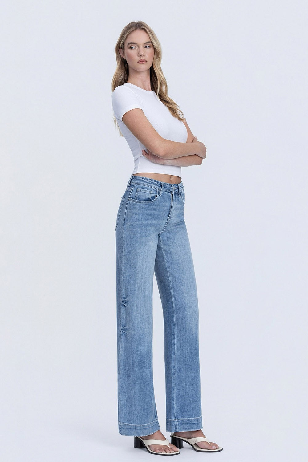 Flying Monkey High Rise Medium Wash Trouser Hem Wide Leg Jeans