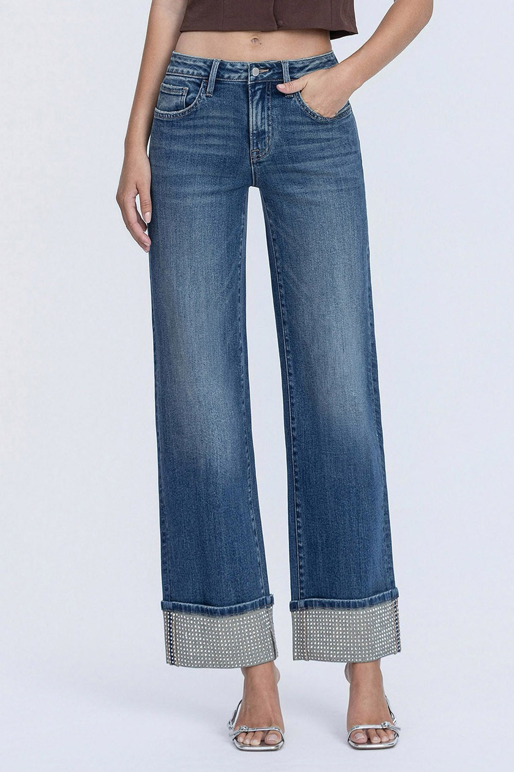 Flying Monkey Mid Rise Mineral Silver Cuffed Slim Wide Jeans