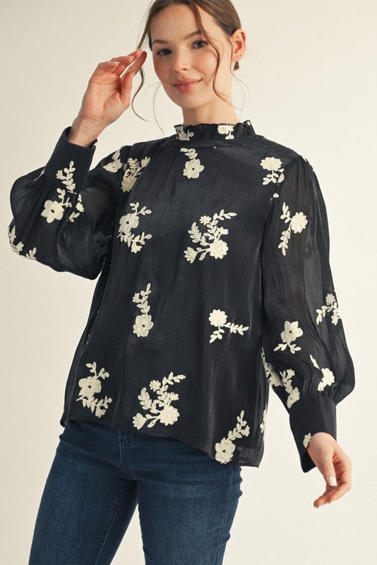 Ruffled Neck Embroidered Top
