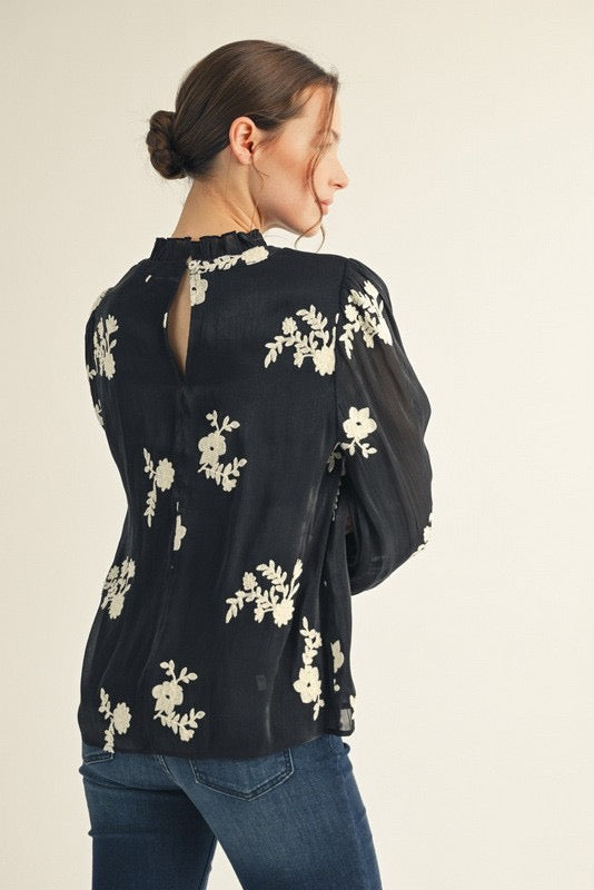 Ruffled Neck Embroidered Top