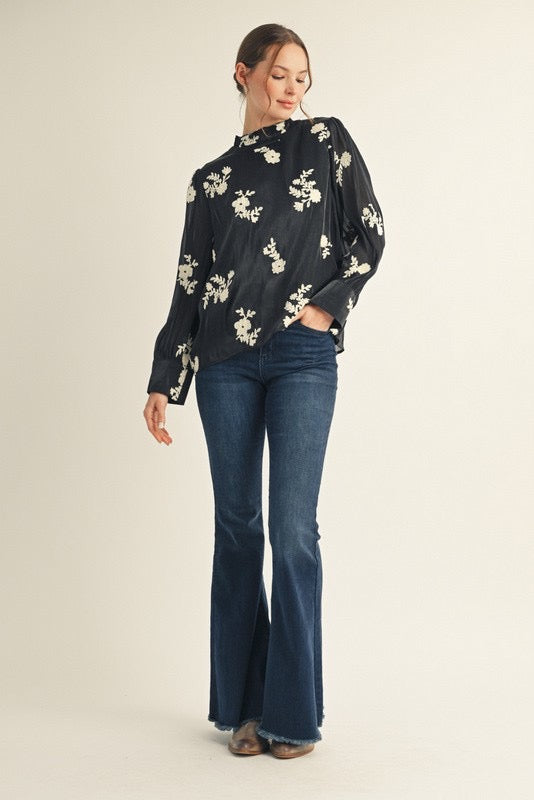 Ruffled Neck Embroidered Top