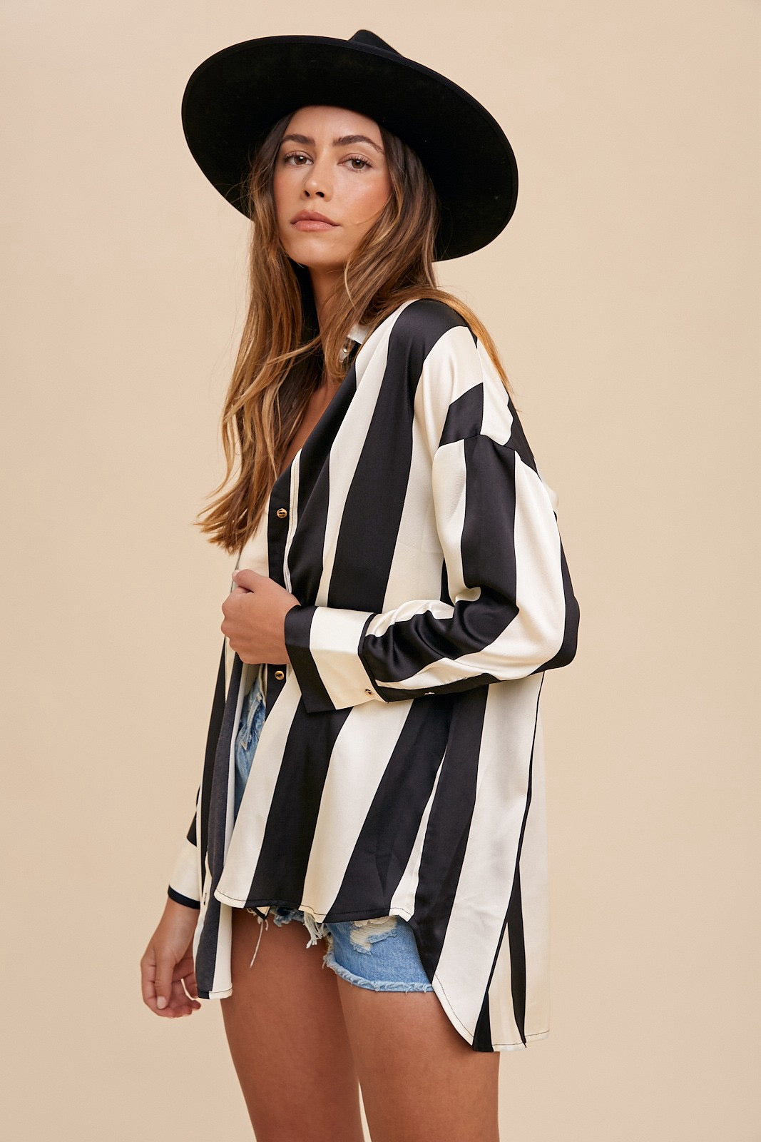Wide Striped Satin Effect Relaxed Fit Woven Blouse