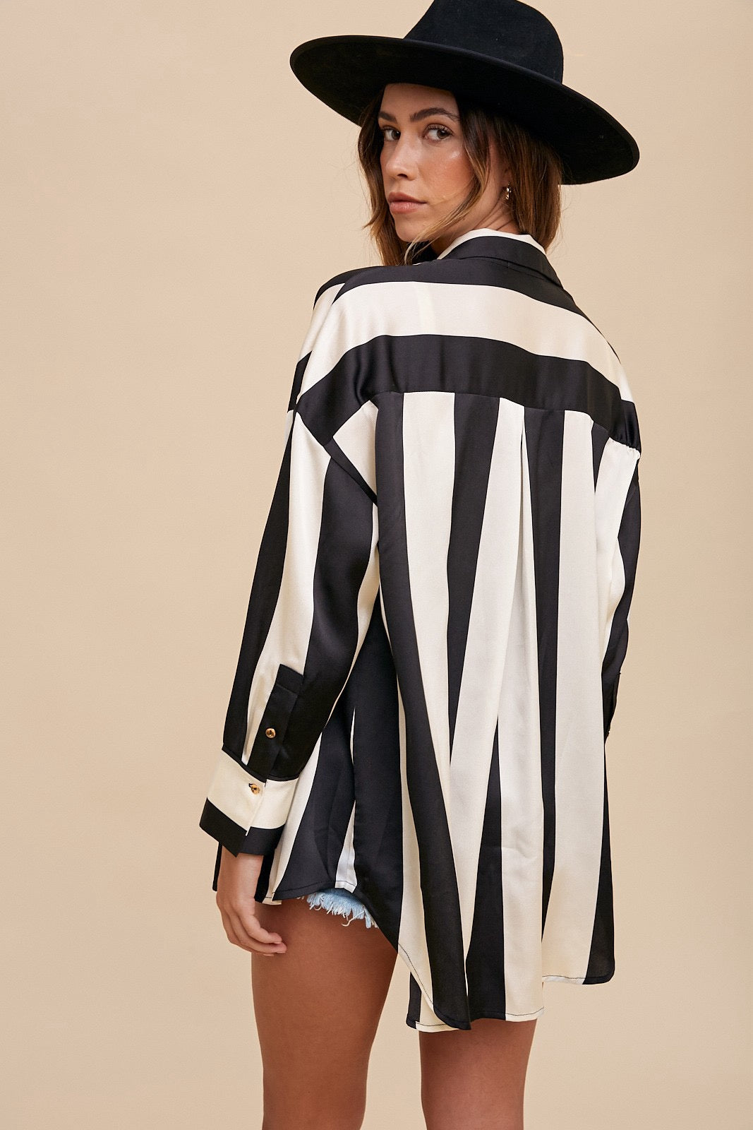 Wide Striped Satin Effect Relaxed Fit Woven Blouse