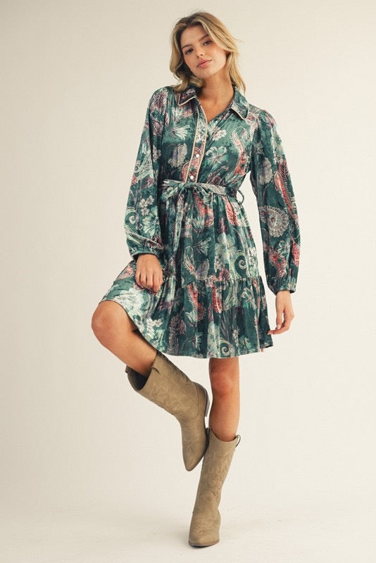 Toffee Brown Button Down Floral Paisley Velvet Dress