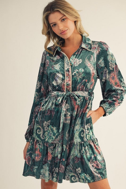 Toffee Brown Button Down Floral Paisley Velvet Dress