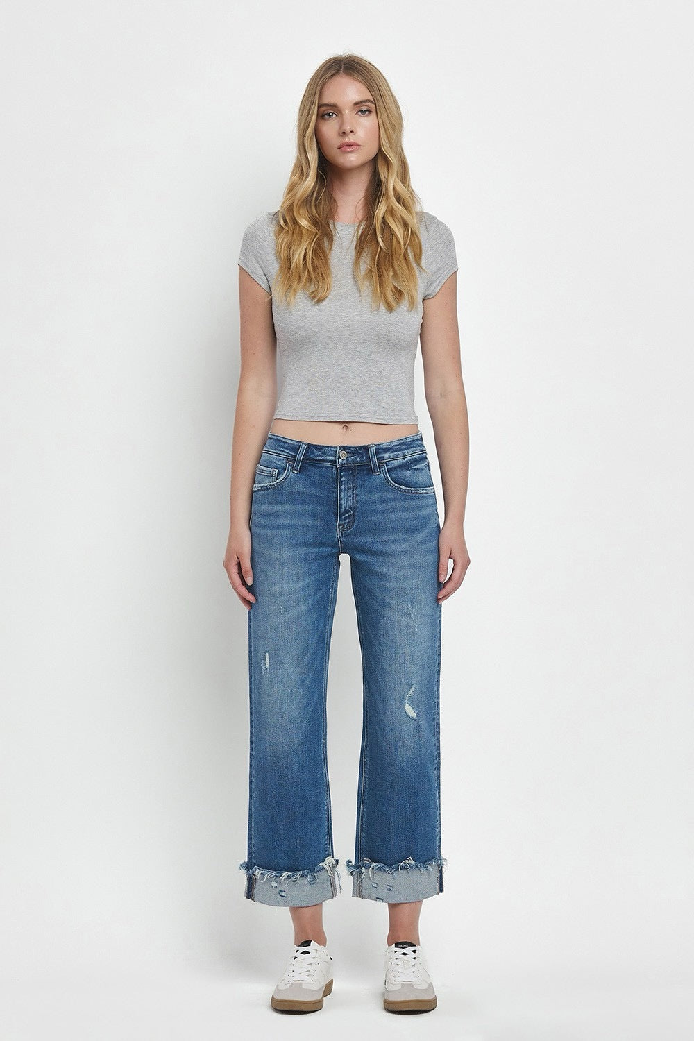 Flying Monkey Mid Rise Raw Cuffed Hem Slim Wide Jeans