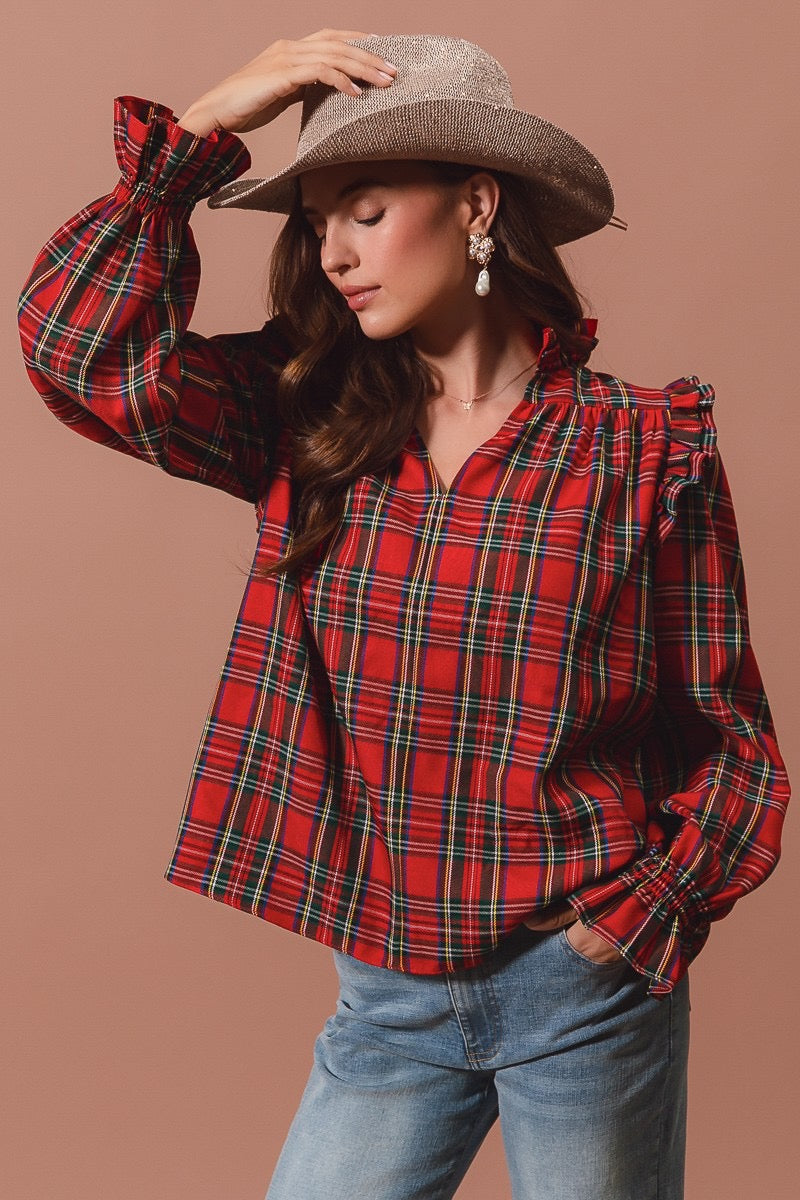 Christmas Checkered Plaid Smocked Blouse Top