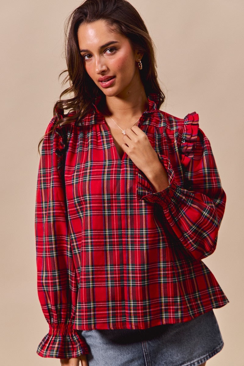 Christmas Checkered Plaid Smocked Blouse Top