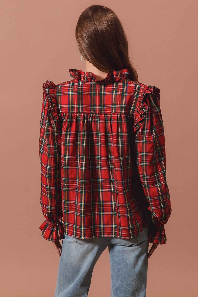 Christmas Checkered Plaid Smocked Blouse Top