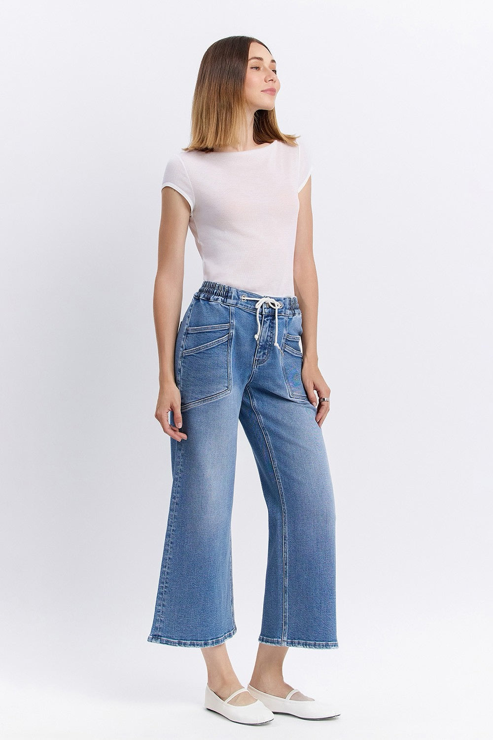 High Rise Drawstring Waistband Wide Leg Jeans
