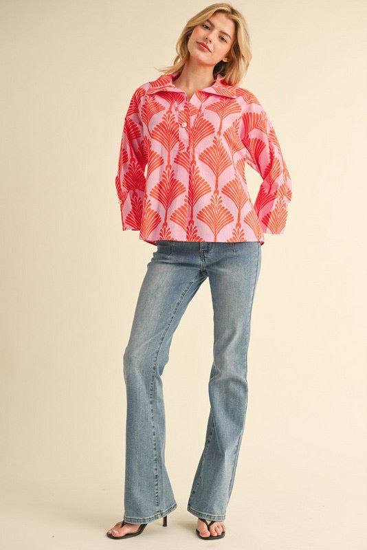 Pink and Orange Print 3/4 Sleeves Collar Top