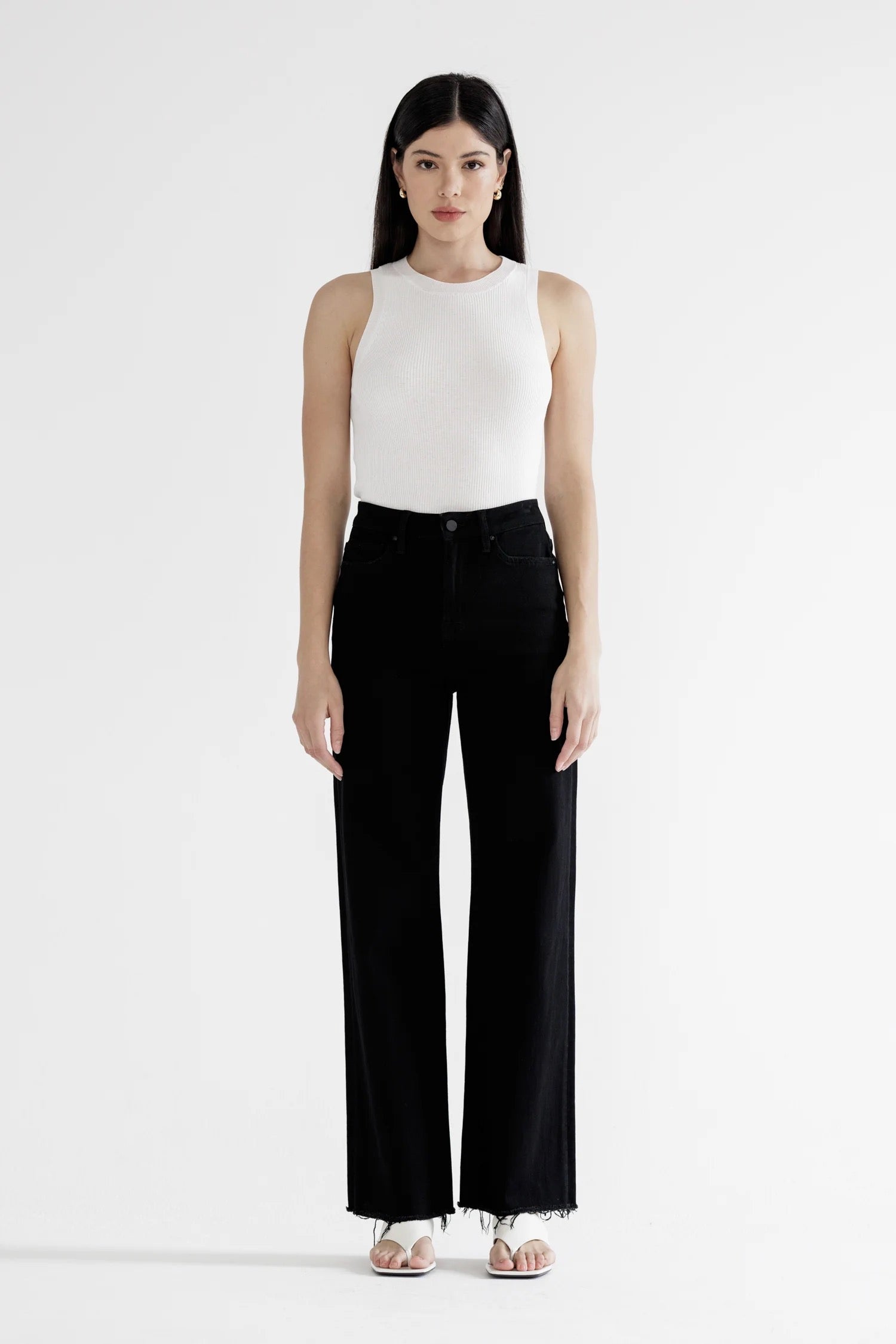 Black Mica High Rise Slim Wide W/ Raw Hem Jean