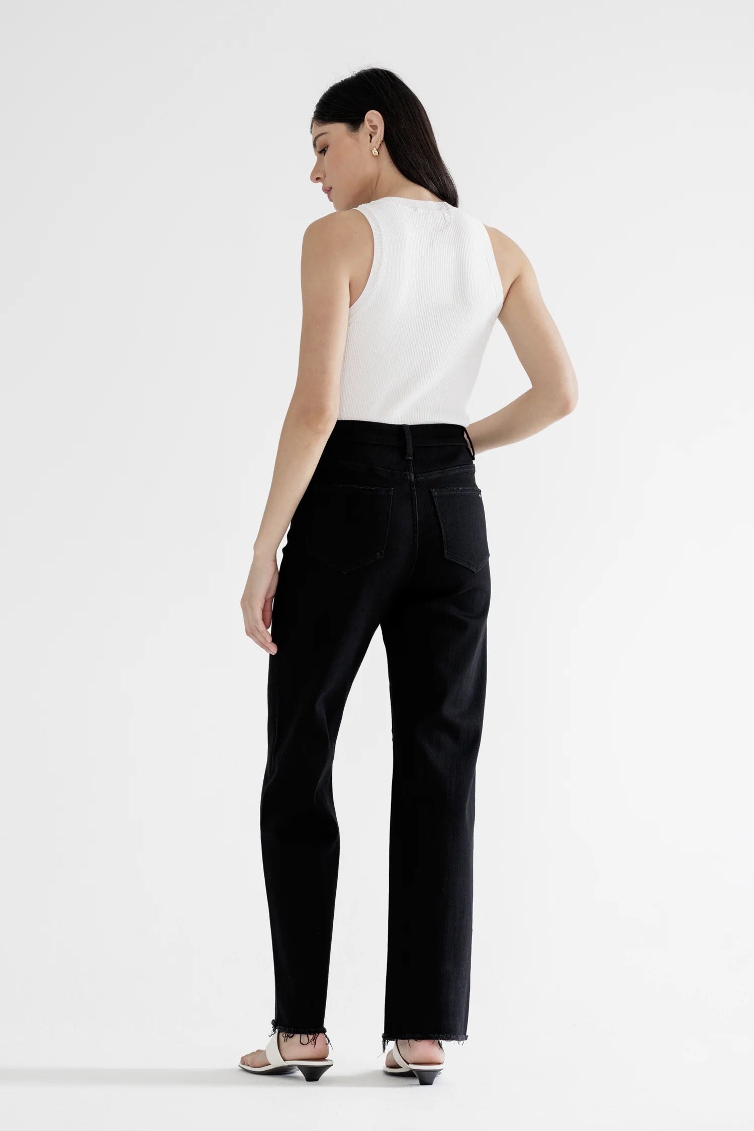 Black Mica High Rise Slim Wide W/ Raw Hem Jean