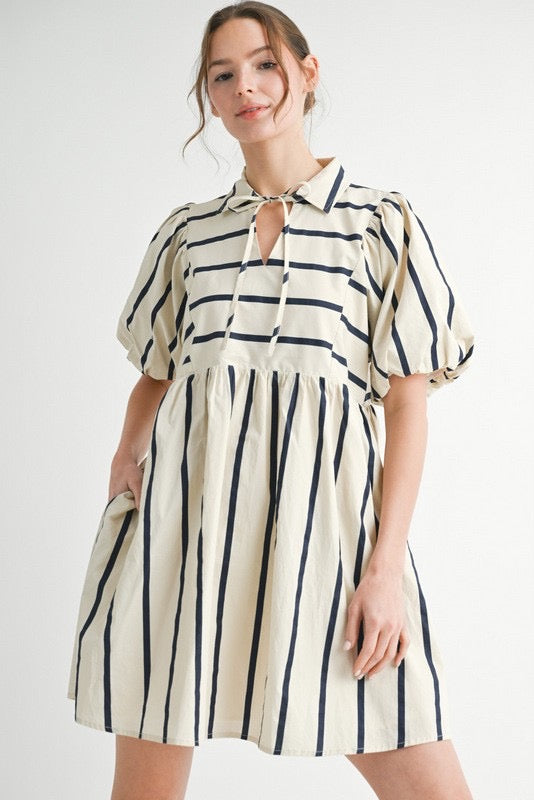 Stripes Print Collared Baby Doll Dress