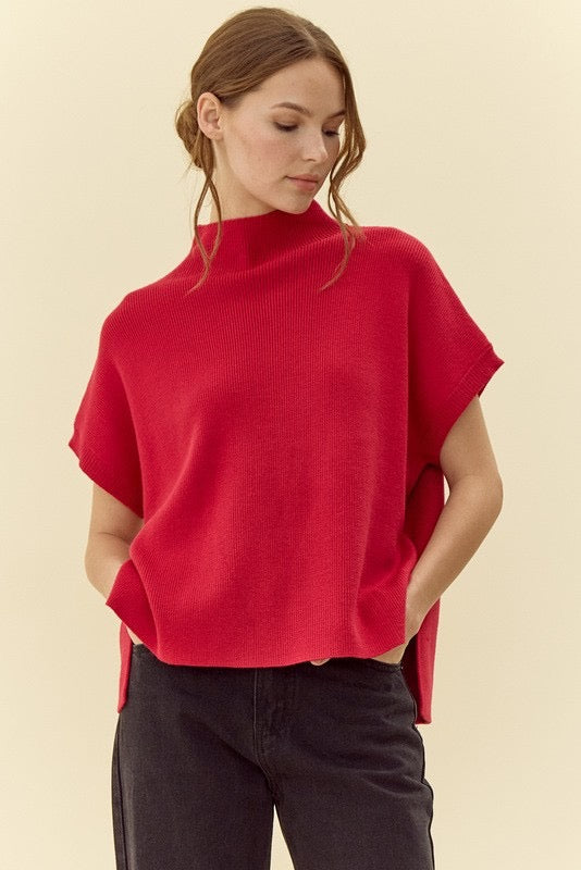Red Ribbed Knit Short Dolman Sleeves Top