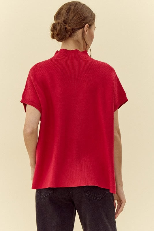 Red Ribbed Knit Short Dolman Sleeves Top
