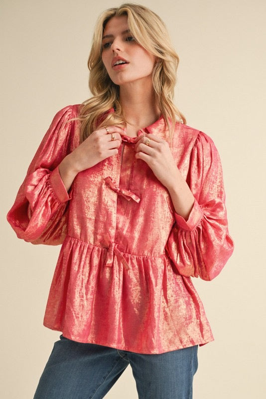Silver Metallic Bow Tie Baby Doll Top