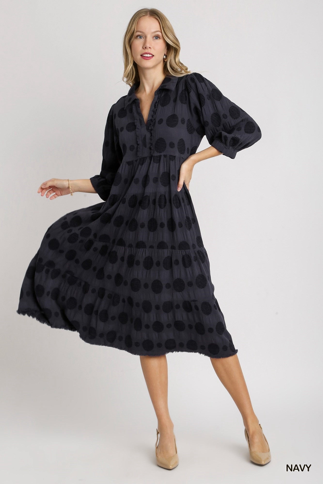 Umgee Navy Maxi Polka Dot Dress