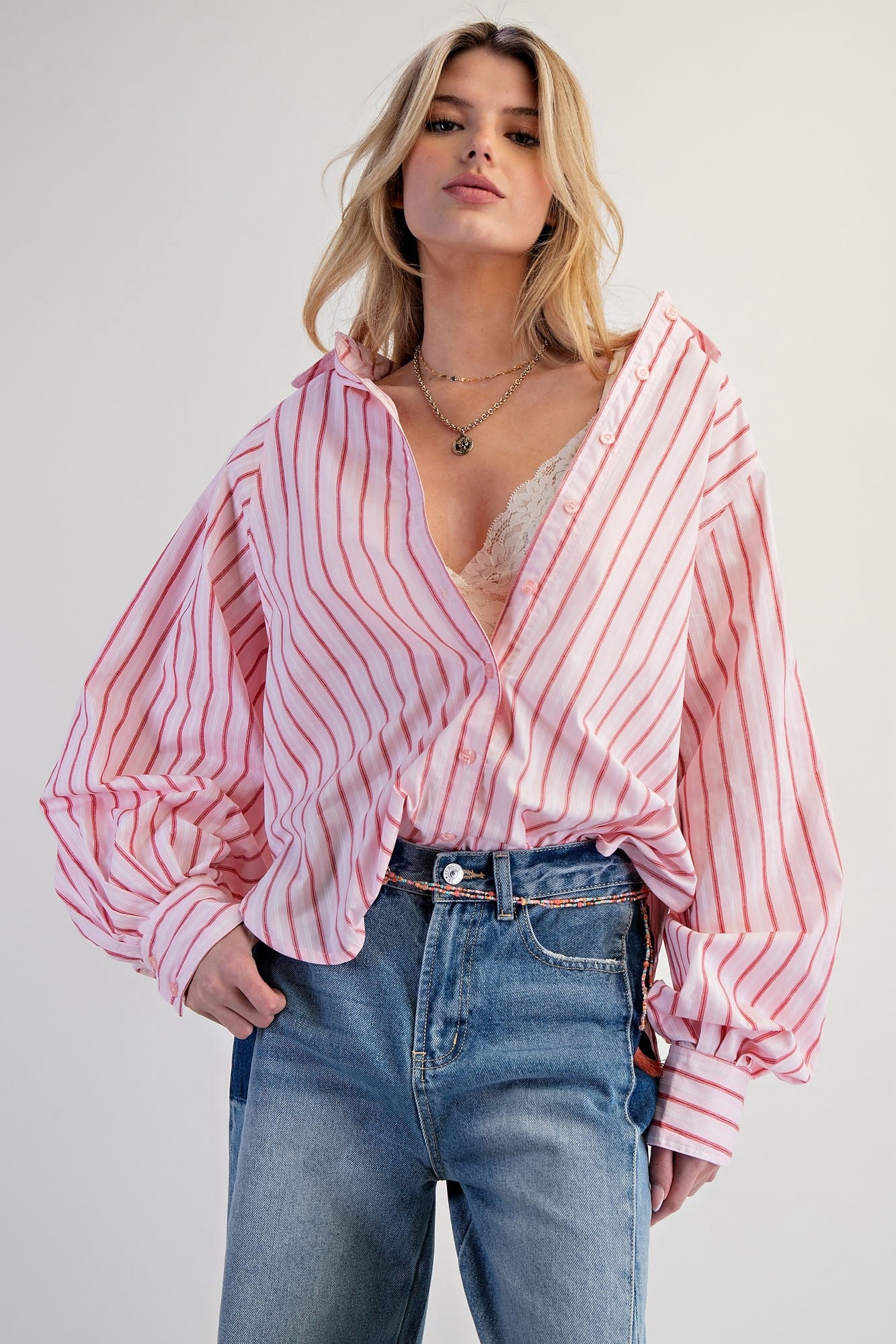 Pink Striped Button Down Woven Shirt
