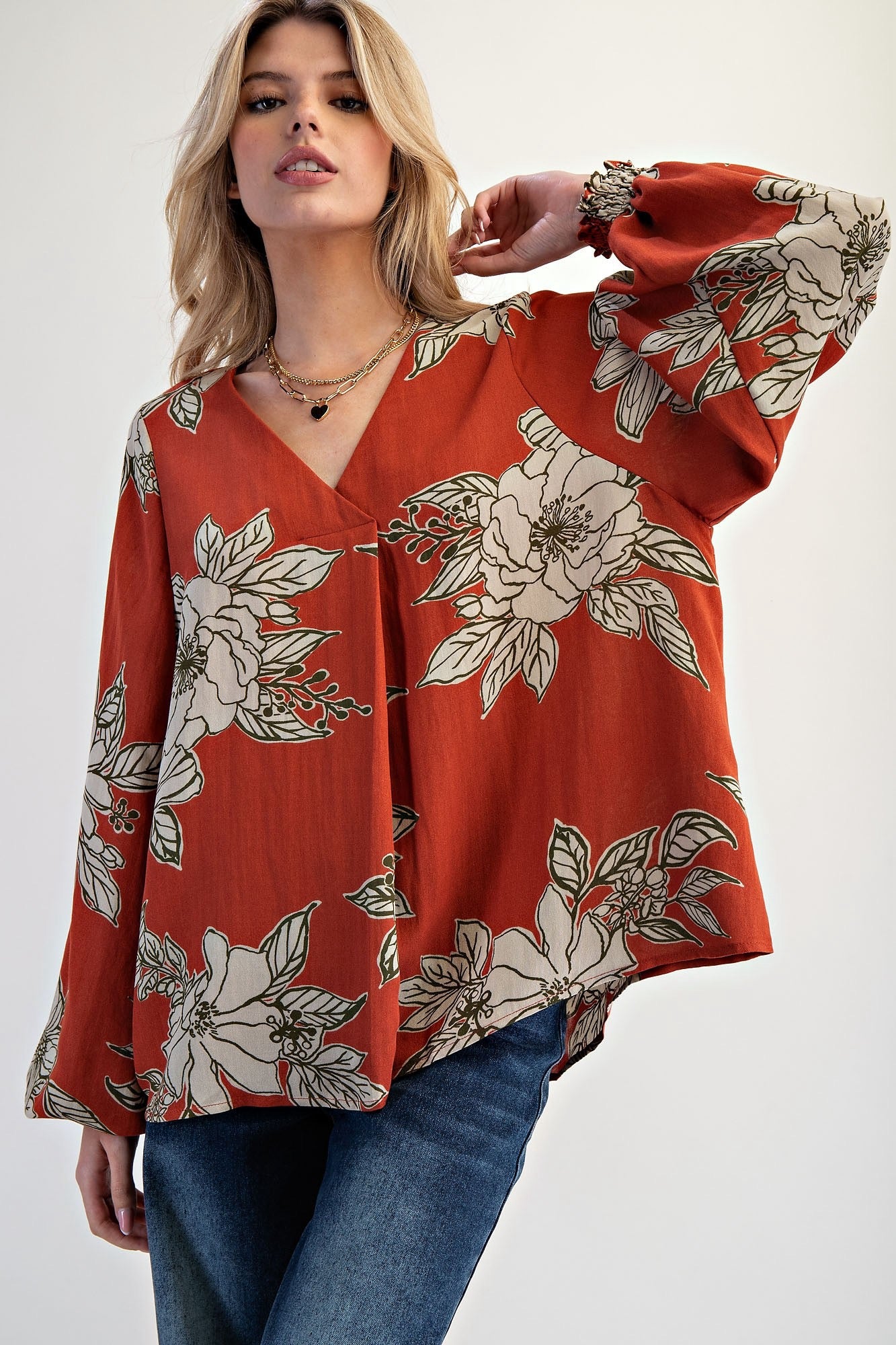 Printed V Neck Loose Fit Top