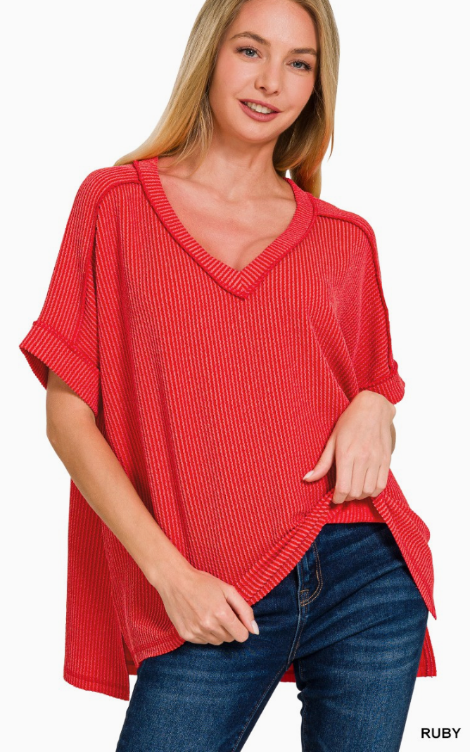 Raised Rib Short Sleeve Hi-low V Neck Top