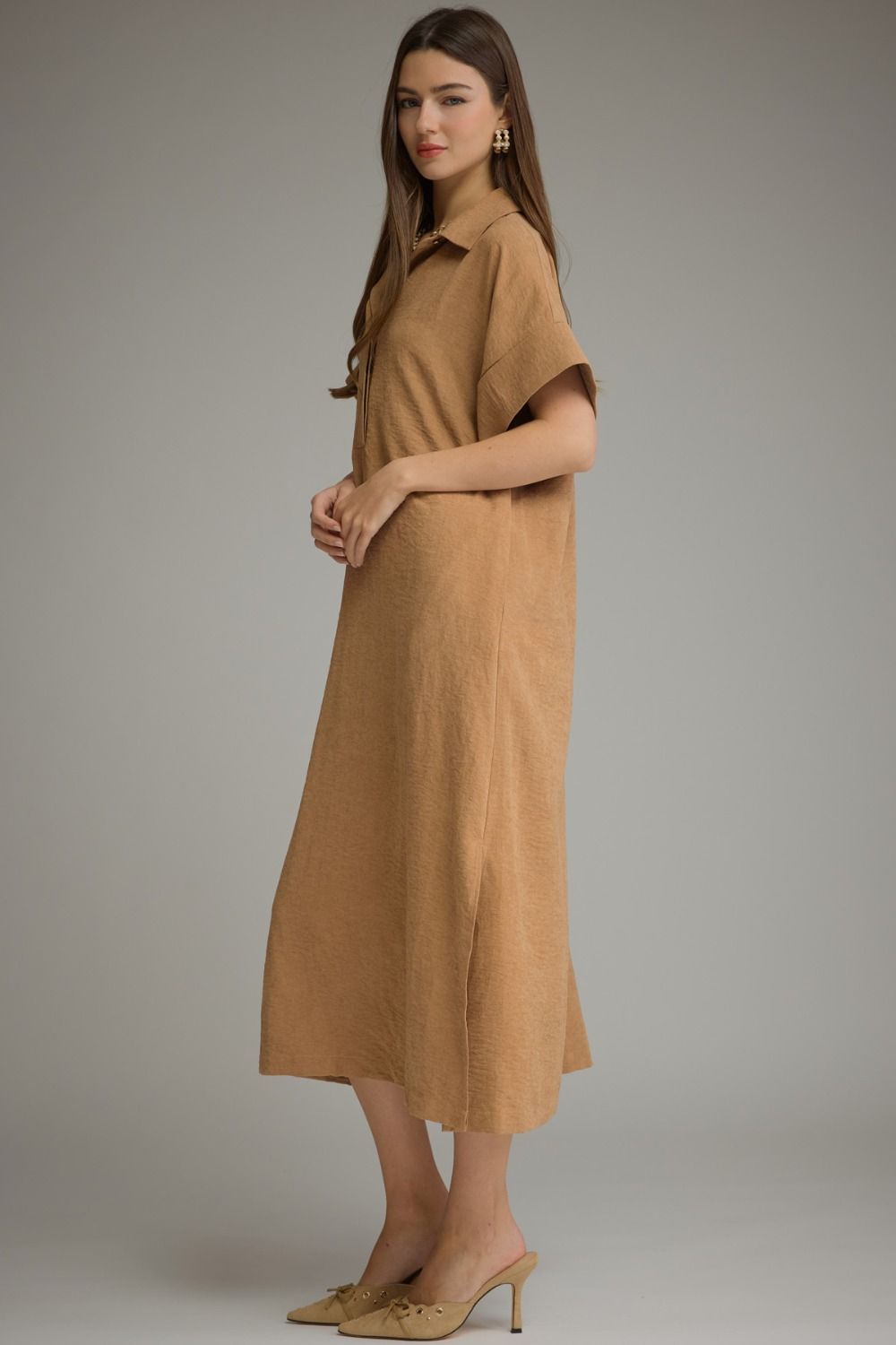 Camel Solid Short Sleeve Dress