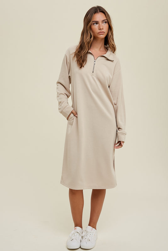 Natural Terry Half-Zip Midi Dress