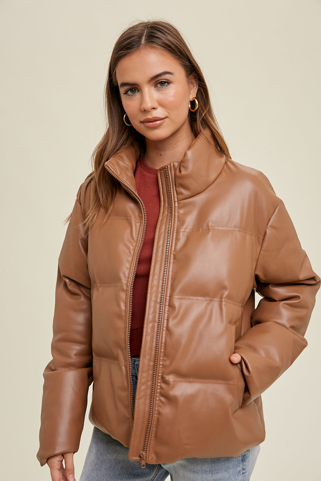 Mocha Faux Leather Puffer Jacket