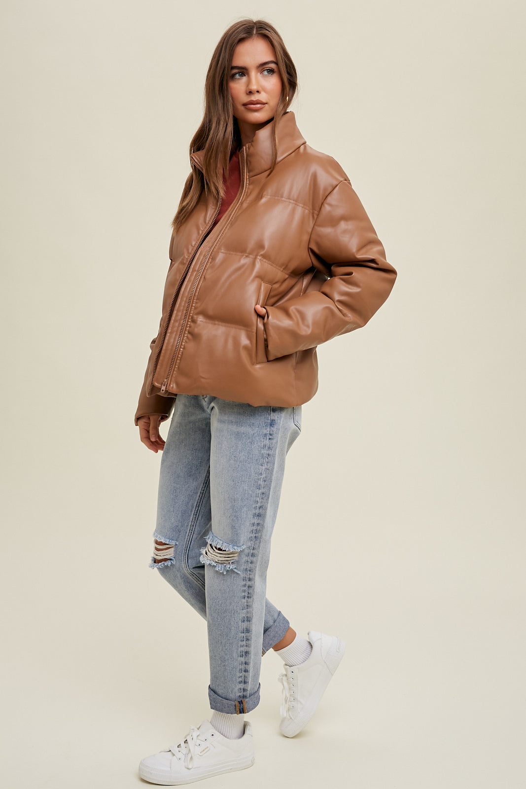 Mocha Faux Leather Puffer Jacket