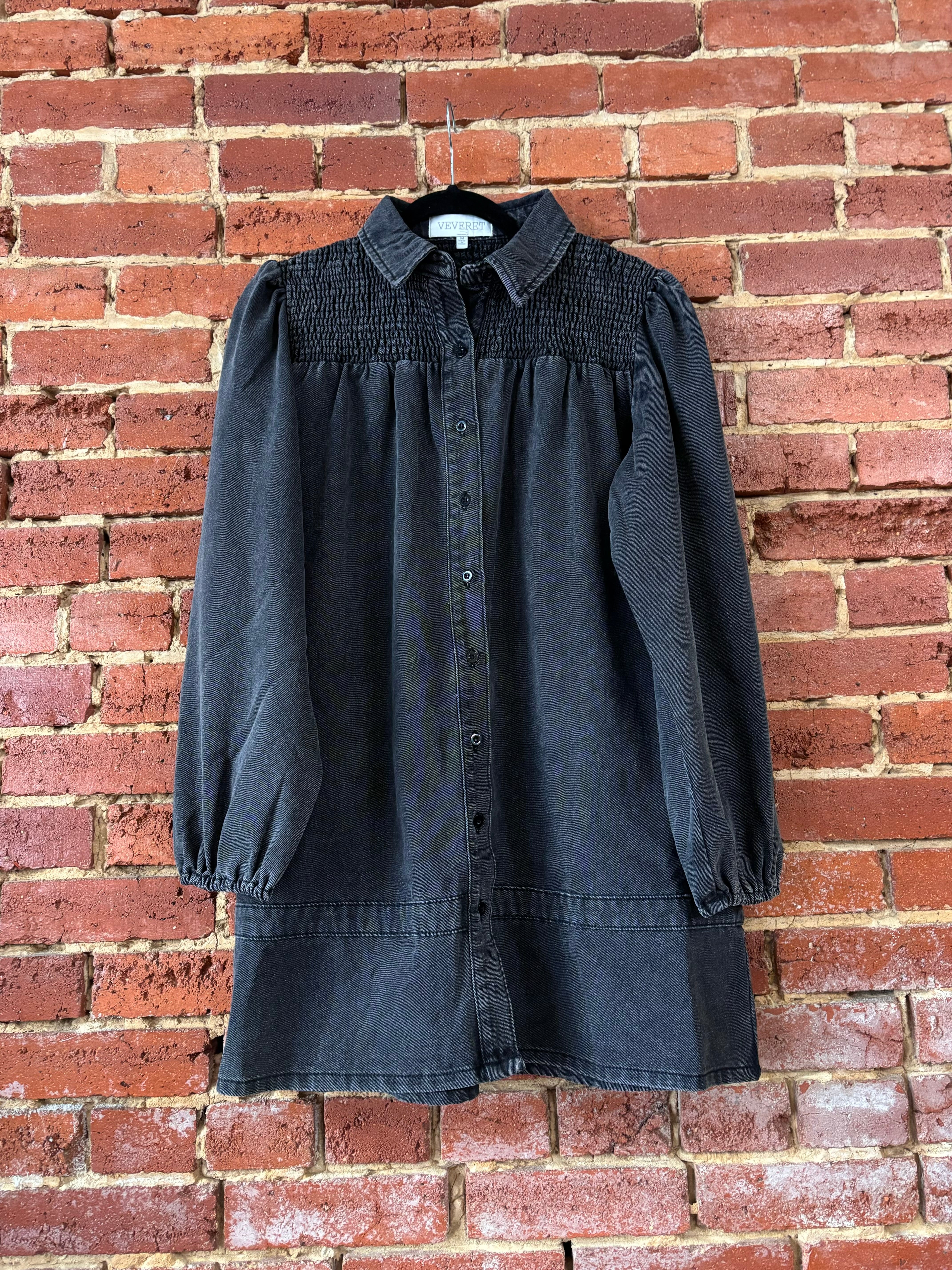 Smocked Black Denim Dress