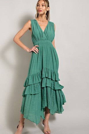 V NECK RUFFLE MAXI DRESS Sage