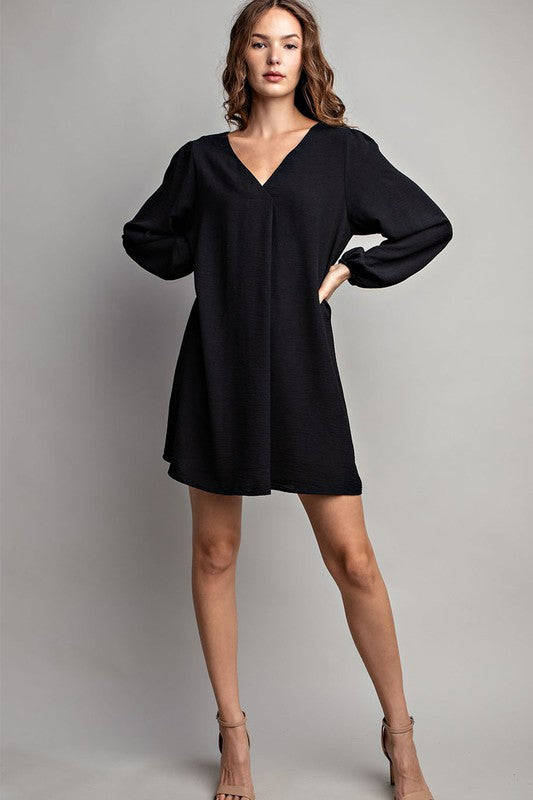 V NECK BUBBLE SLEEVE MINI DRESS in Black