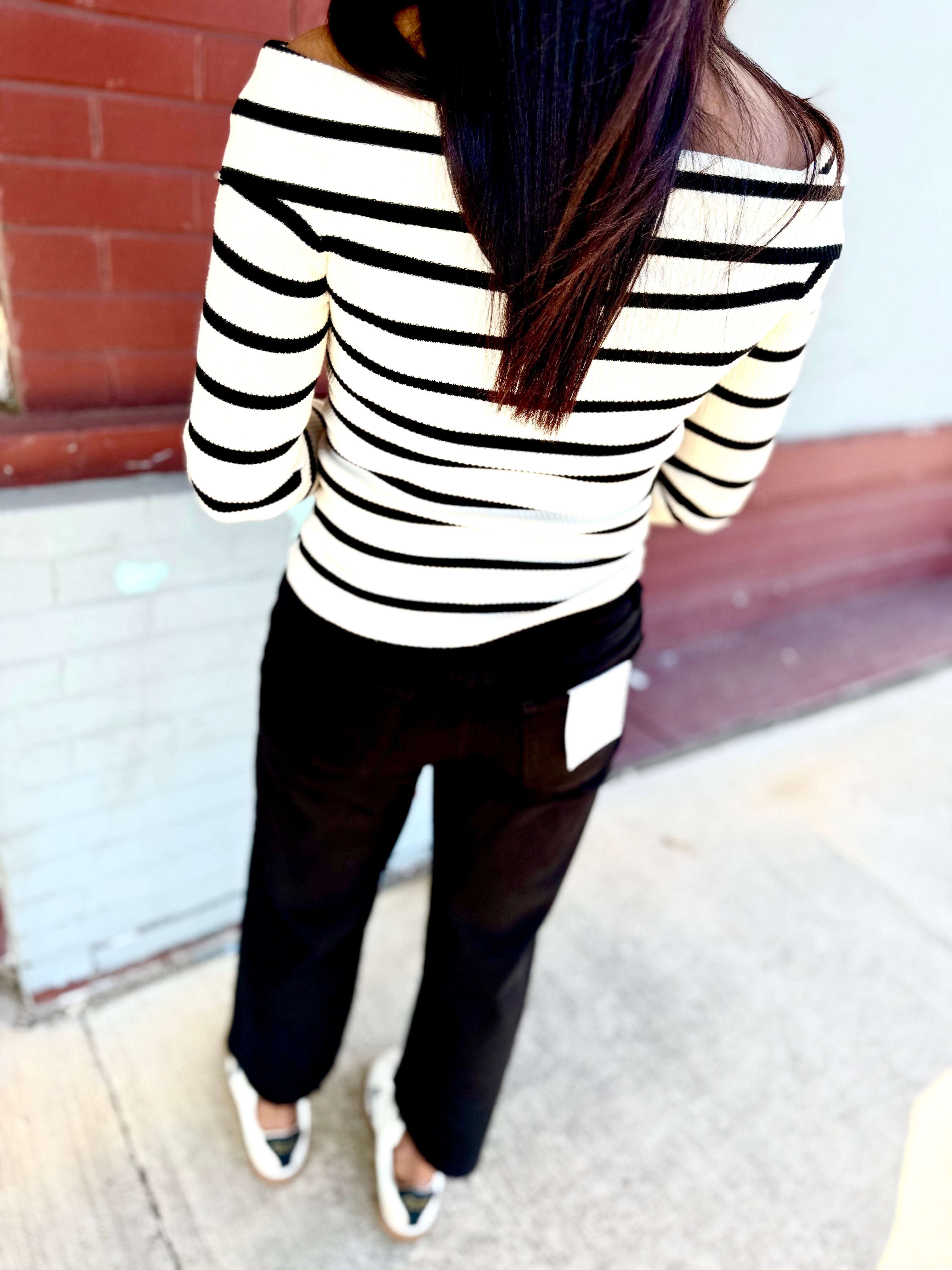 Trendy Off-The-Shoulder White and Black Striped Sweater.