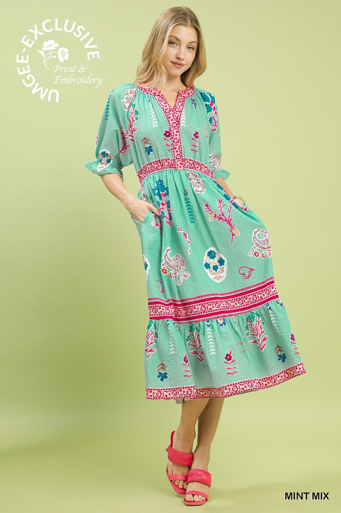 Floral Collage Print V-Neck Midi Dress