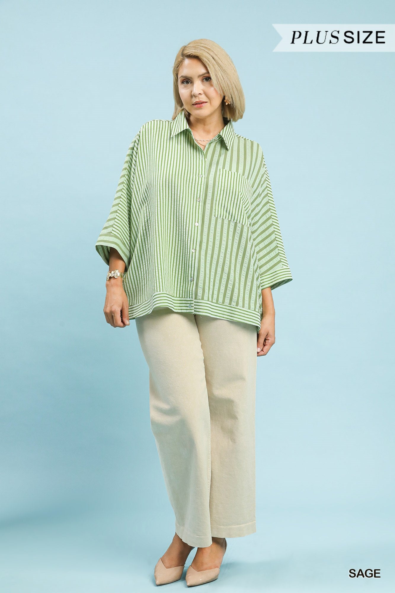 Mixed Stripe Oversized Button Down Top