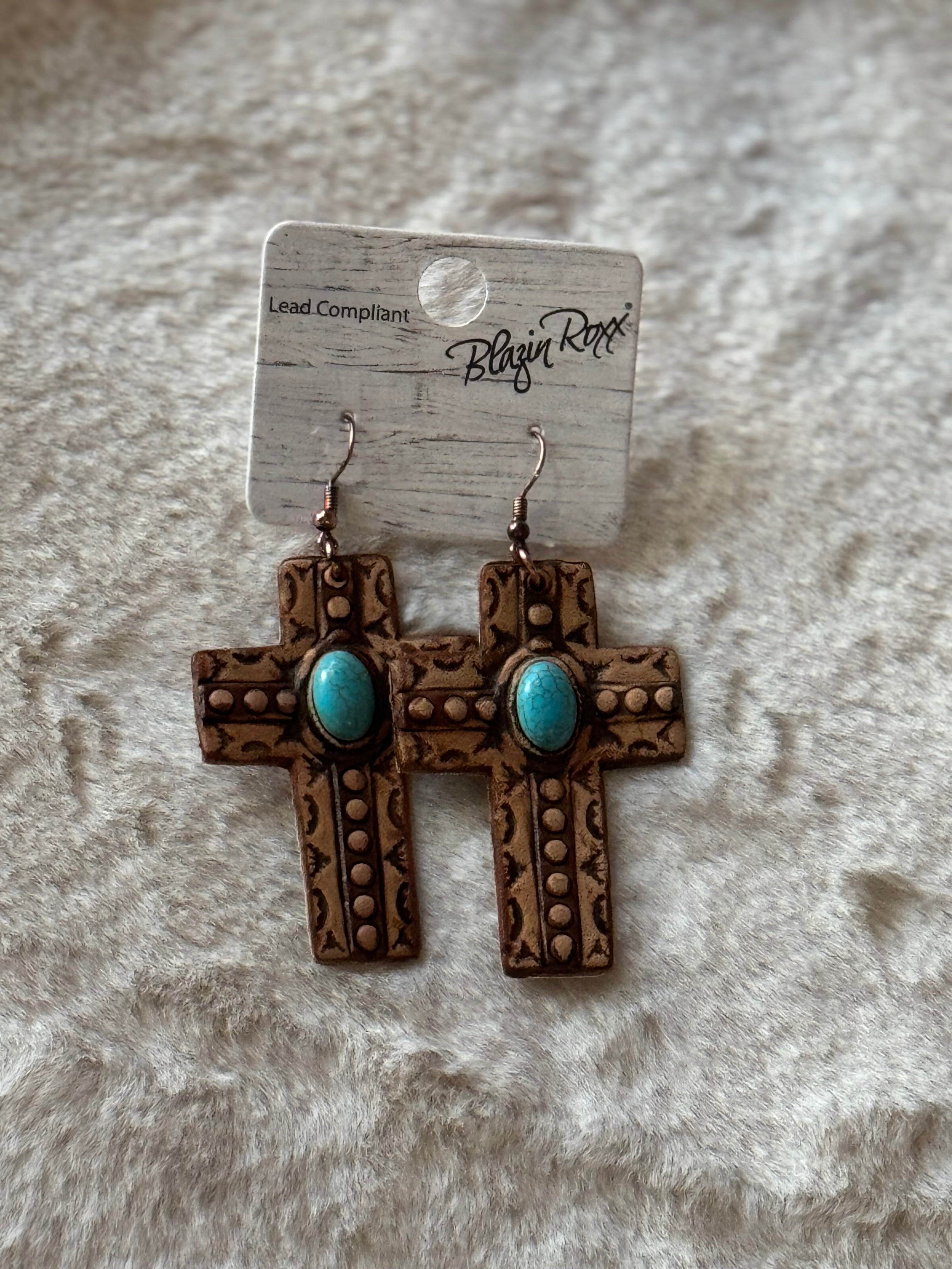 Leather And Turquoise Cross Earring