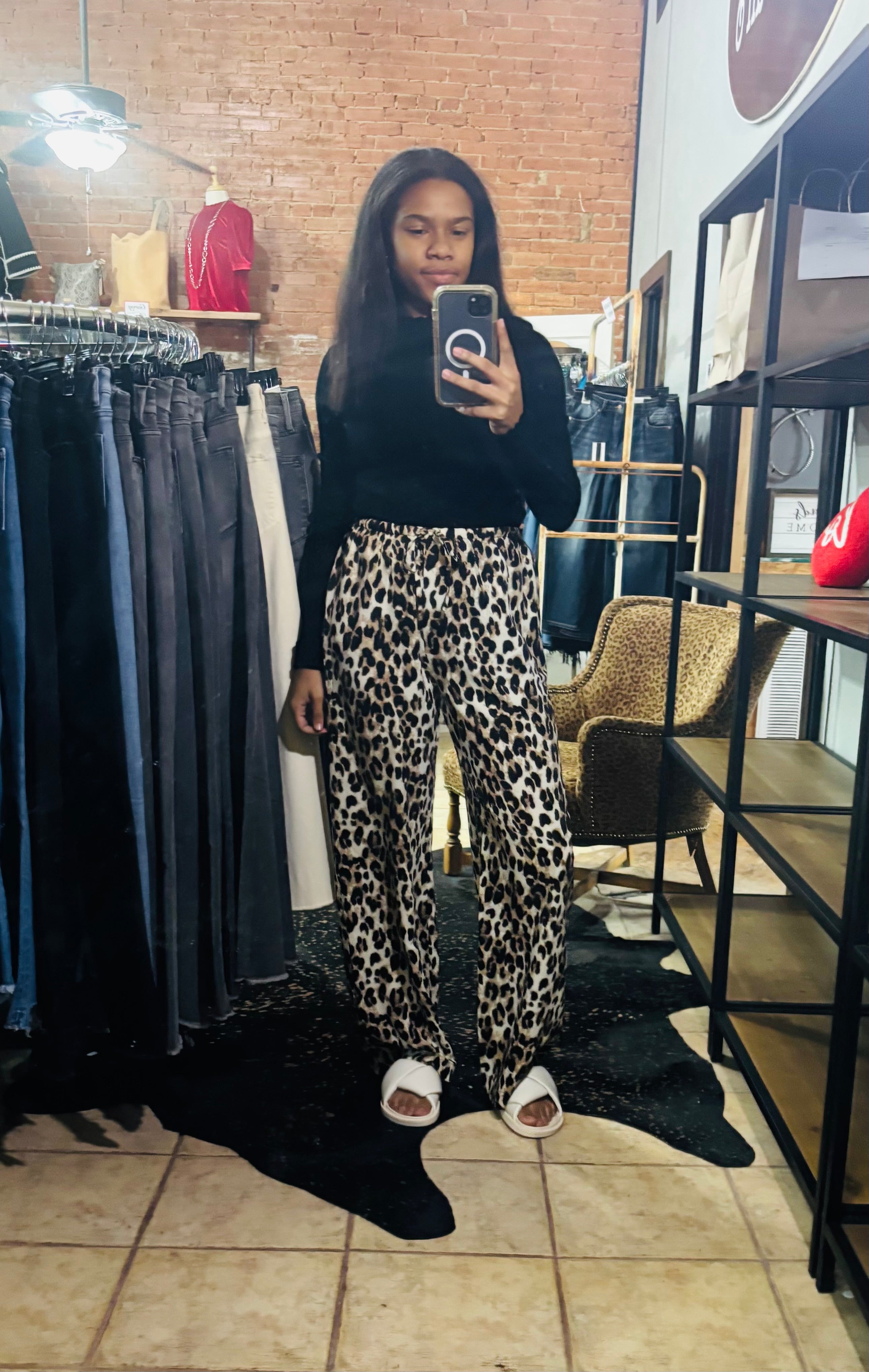 Leopard Wide Leg Pants With Drawstring