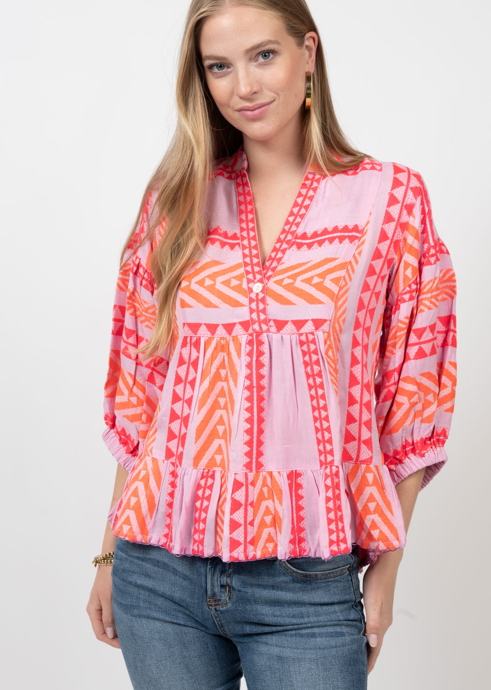 Pink and Orange Embroidered Blouse