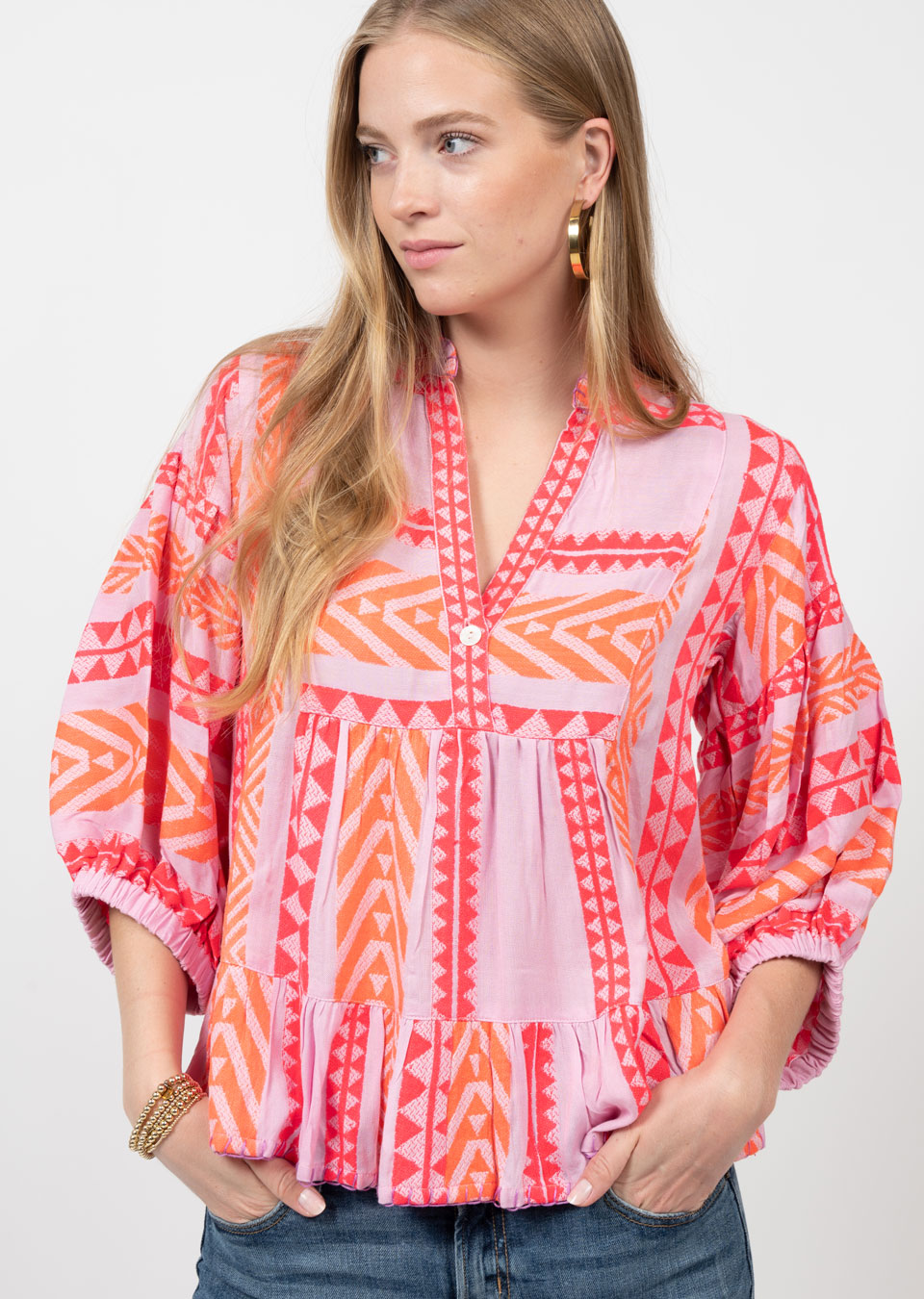 Pink and Orange Embroidered Blouse