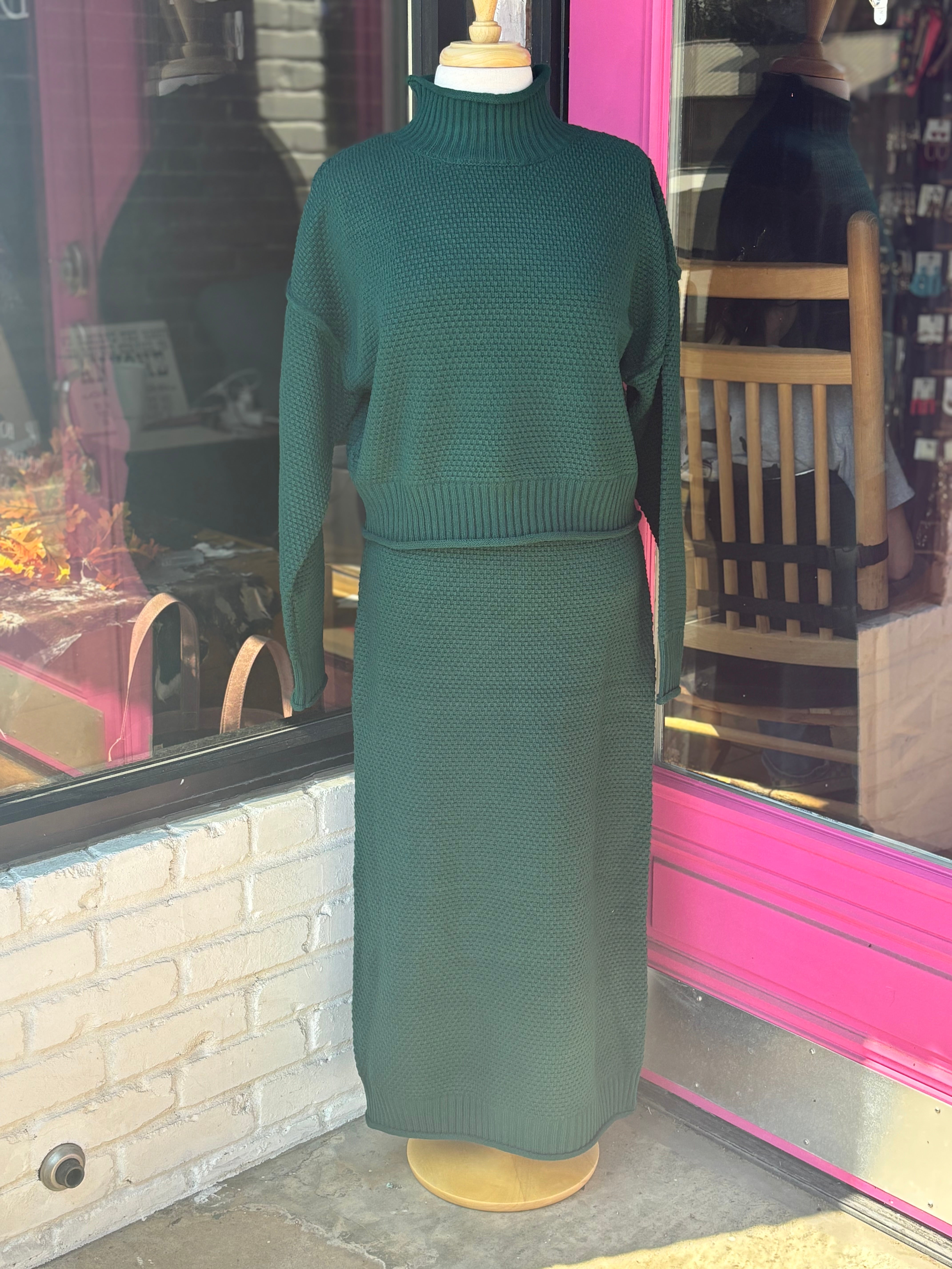 The (Liz) Knit Sweater/Skirt Set, Hunter Green.