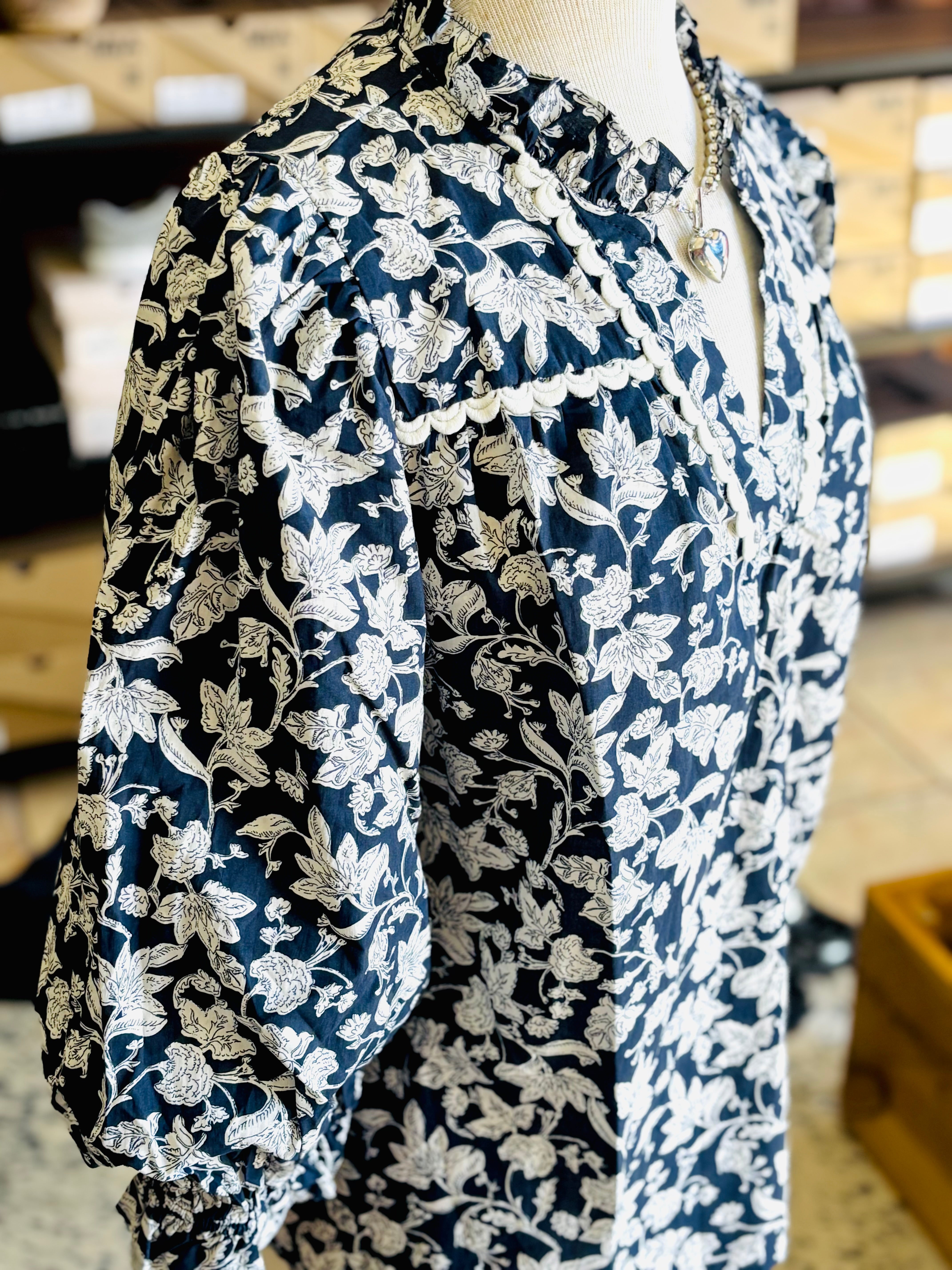 Navy and White Floral Blouse