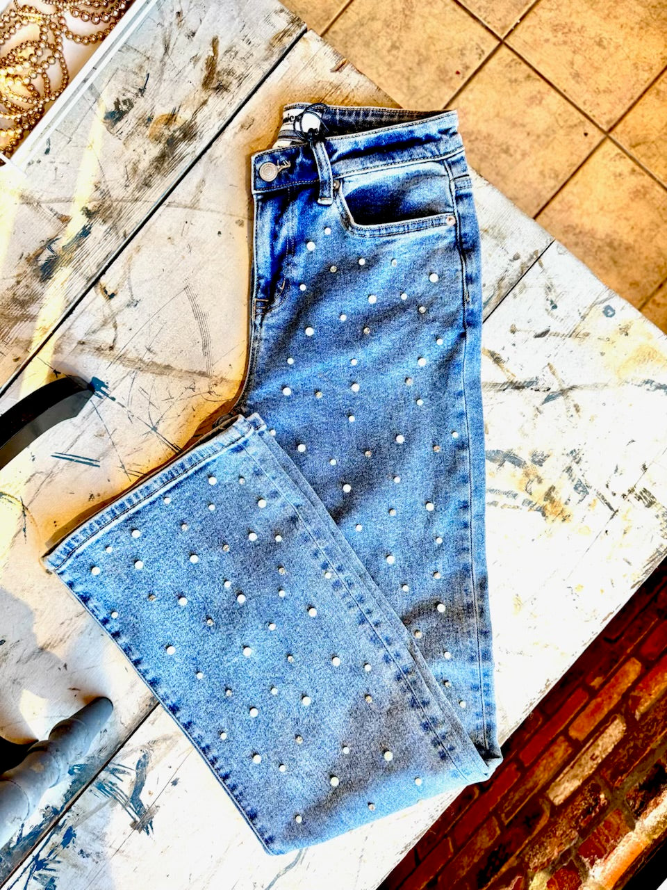 Mica Pearl and Rhinestone Embellished Jean