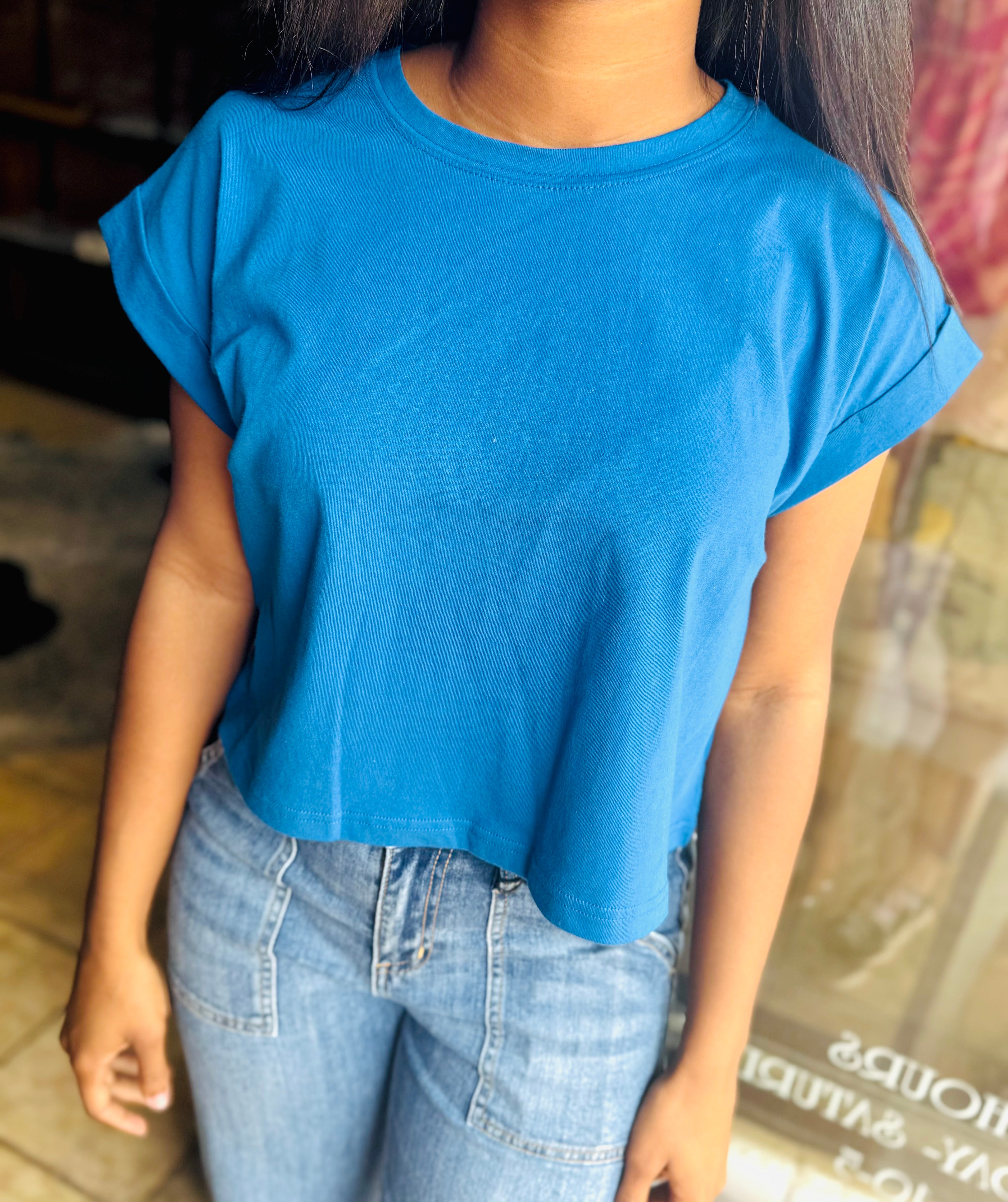 Classic Blue Folded Sleeve Top