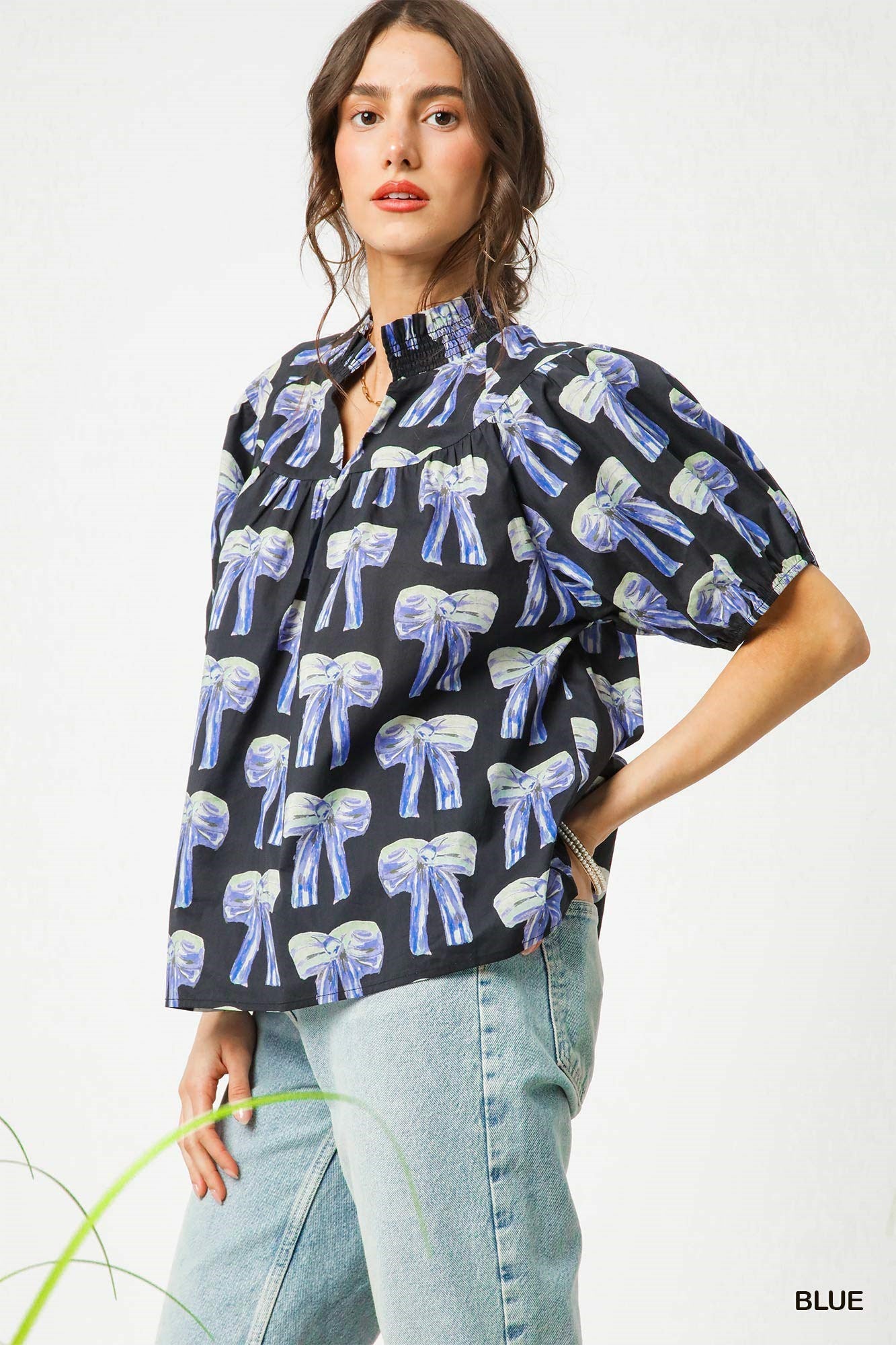 Blue Bow Print Puff Sleeve Blouse