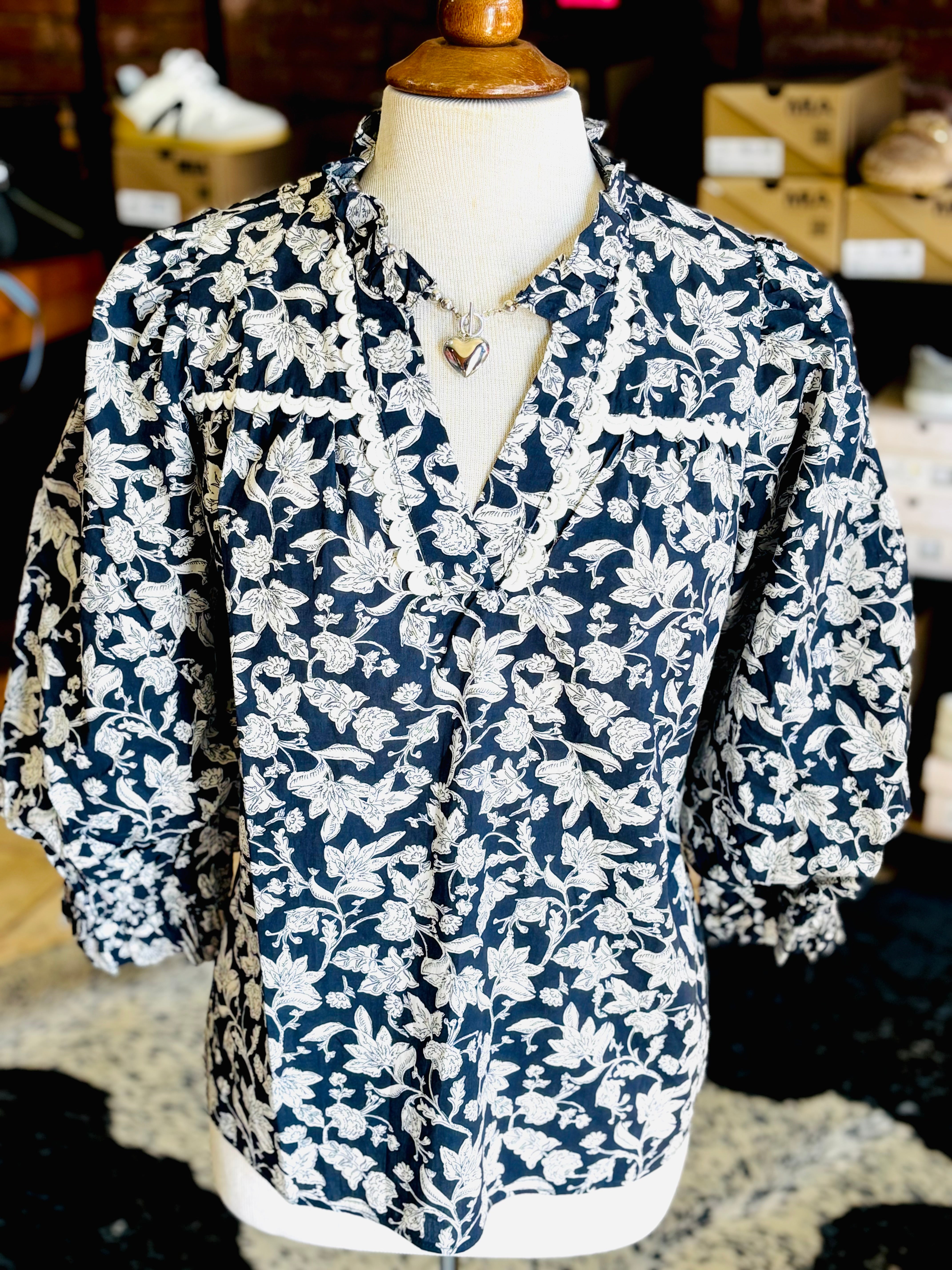 Navy and White Floral Blouse