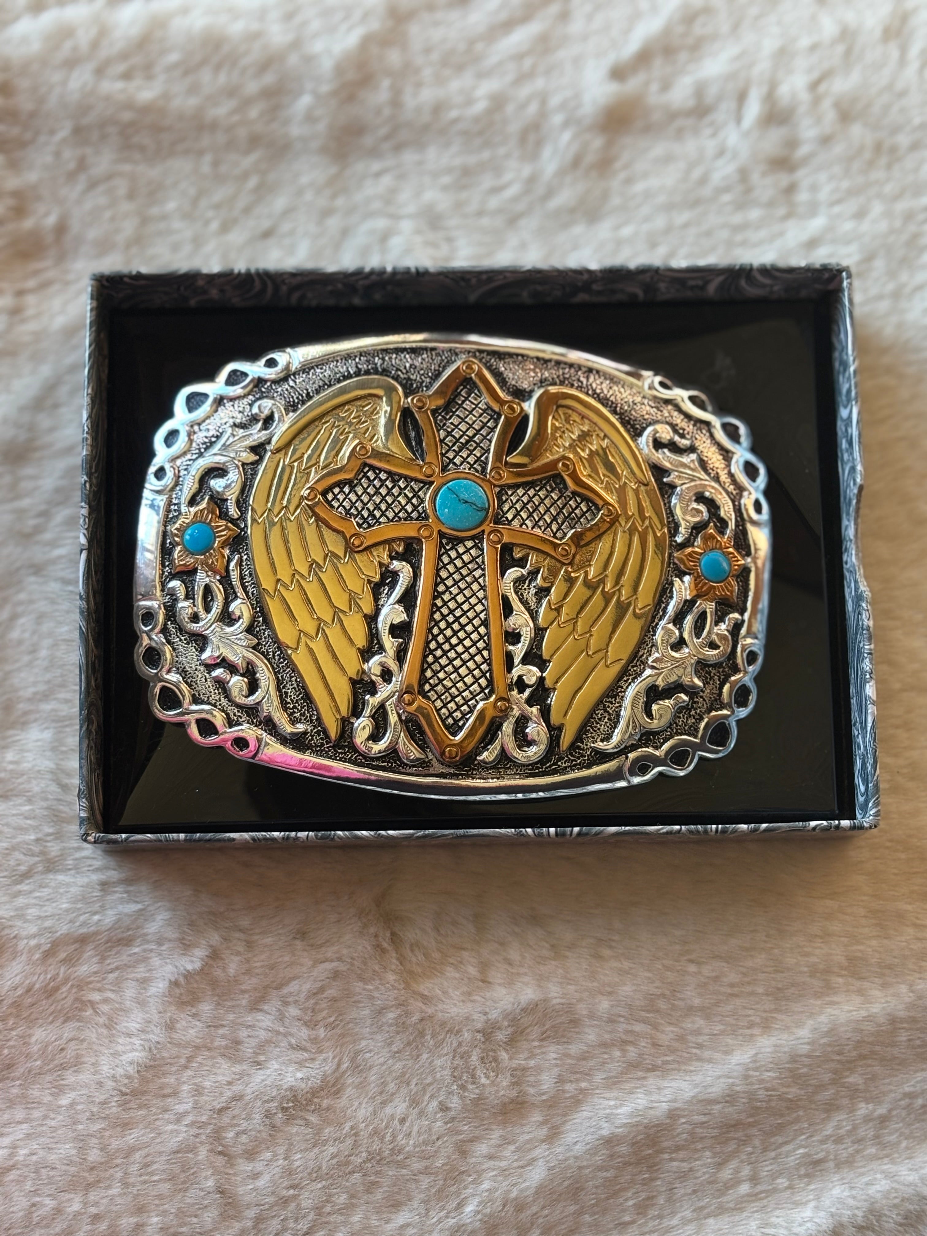 Crumrine Western Cross & Wings Belt Buckle with Turquoise Stones