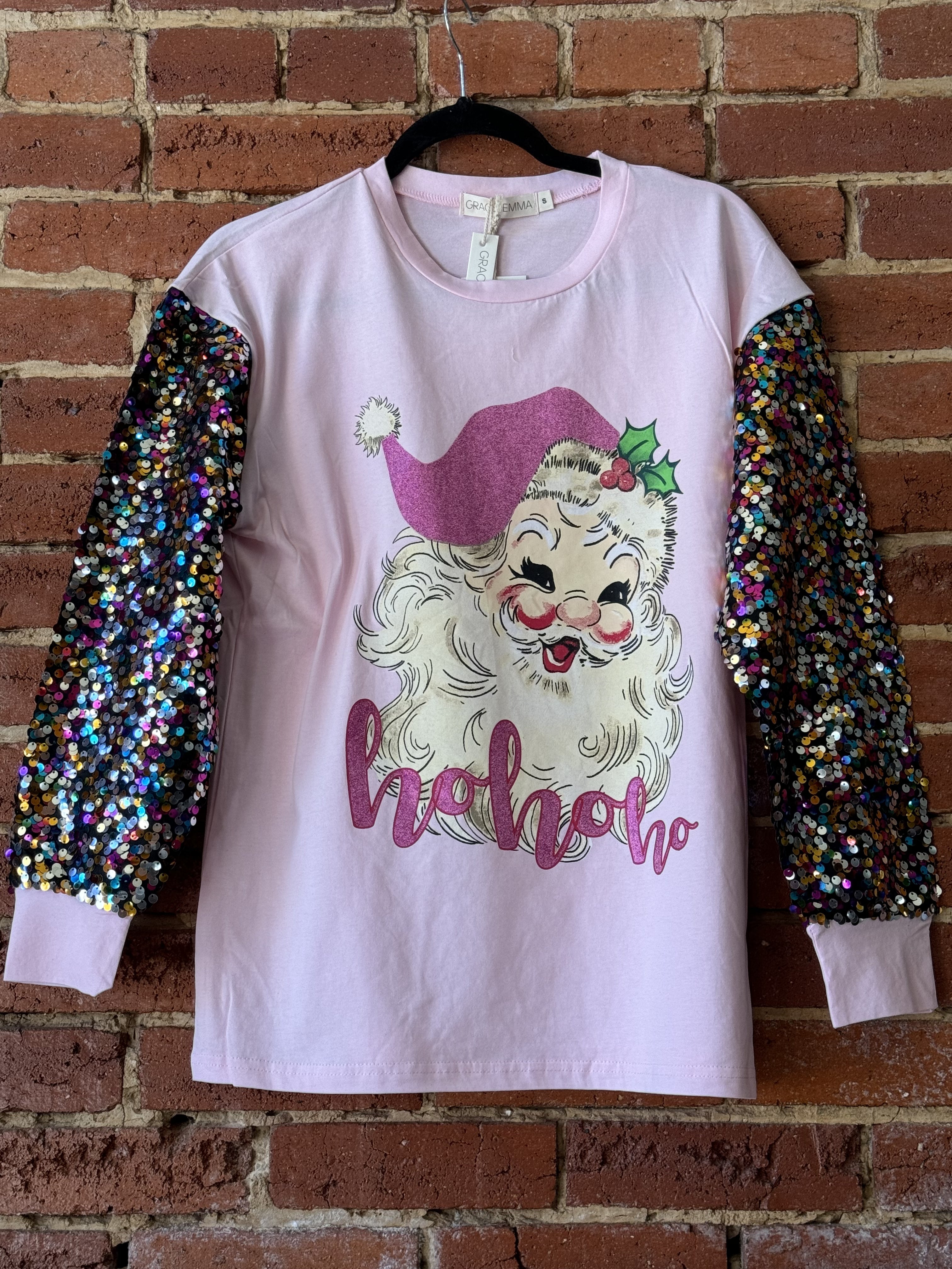 Santa on Pink Sweatshirt with Sequin Sleeves